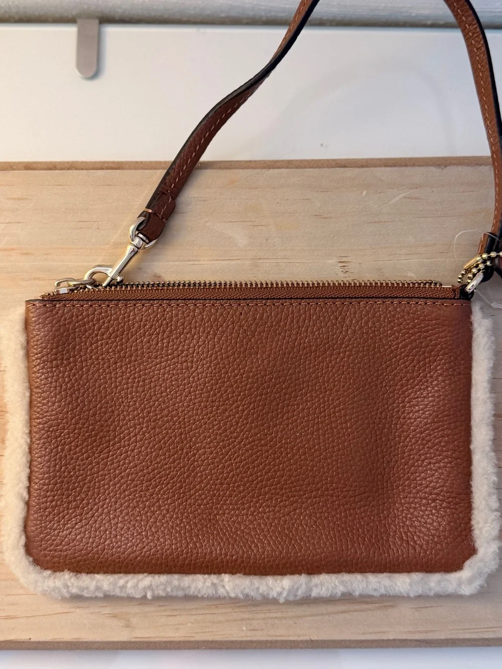Coach Brown Leather Wristlet with Shearling Trim